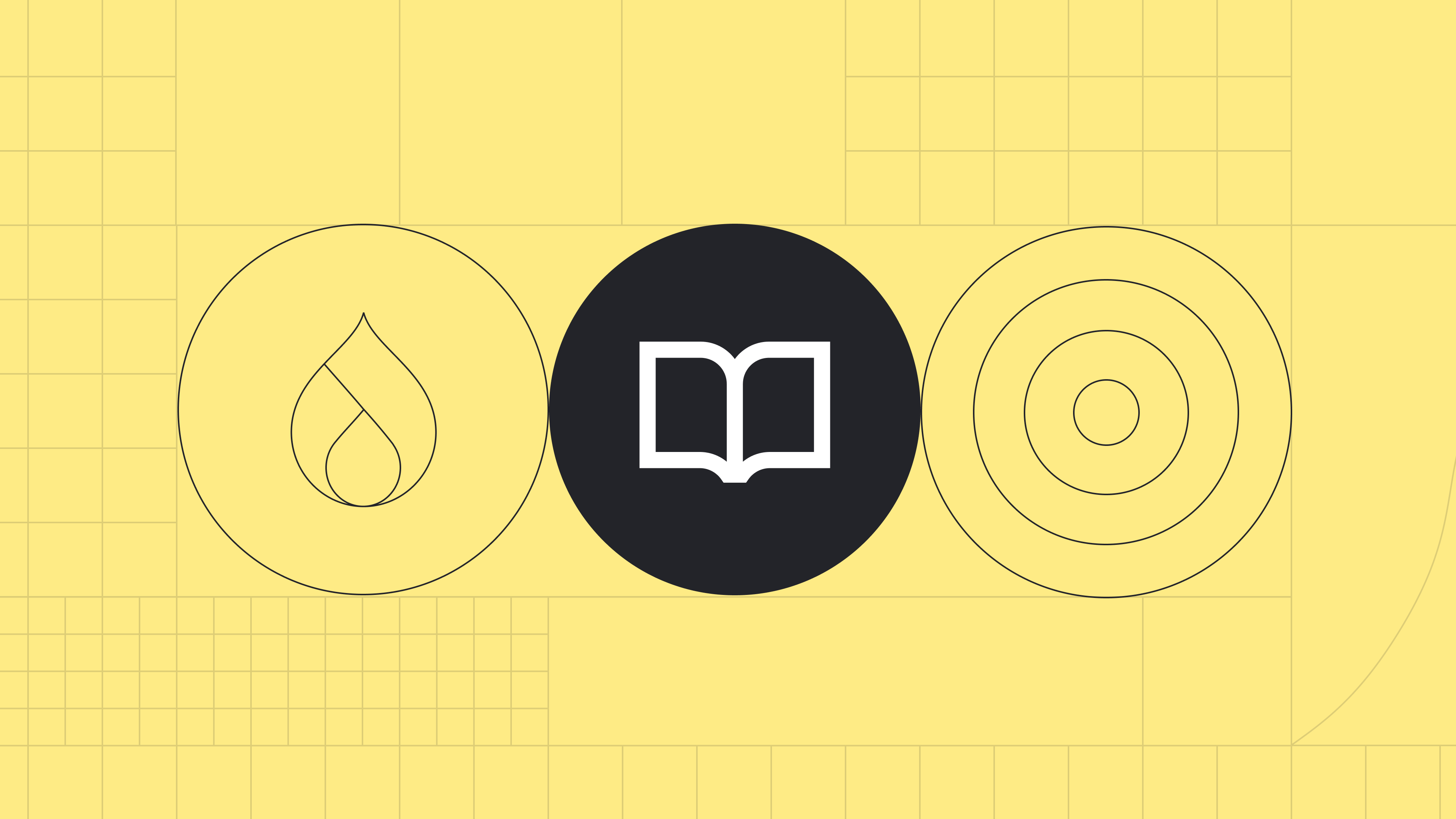 Icons of a drop shape, a book, and concentric circles on a yellow background.