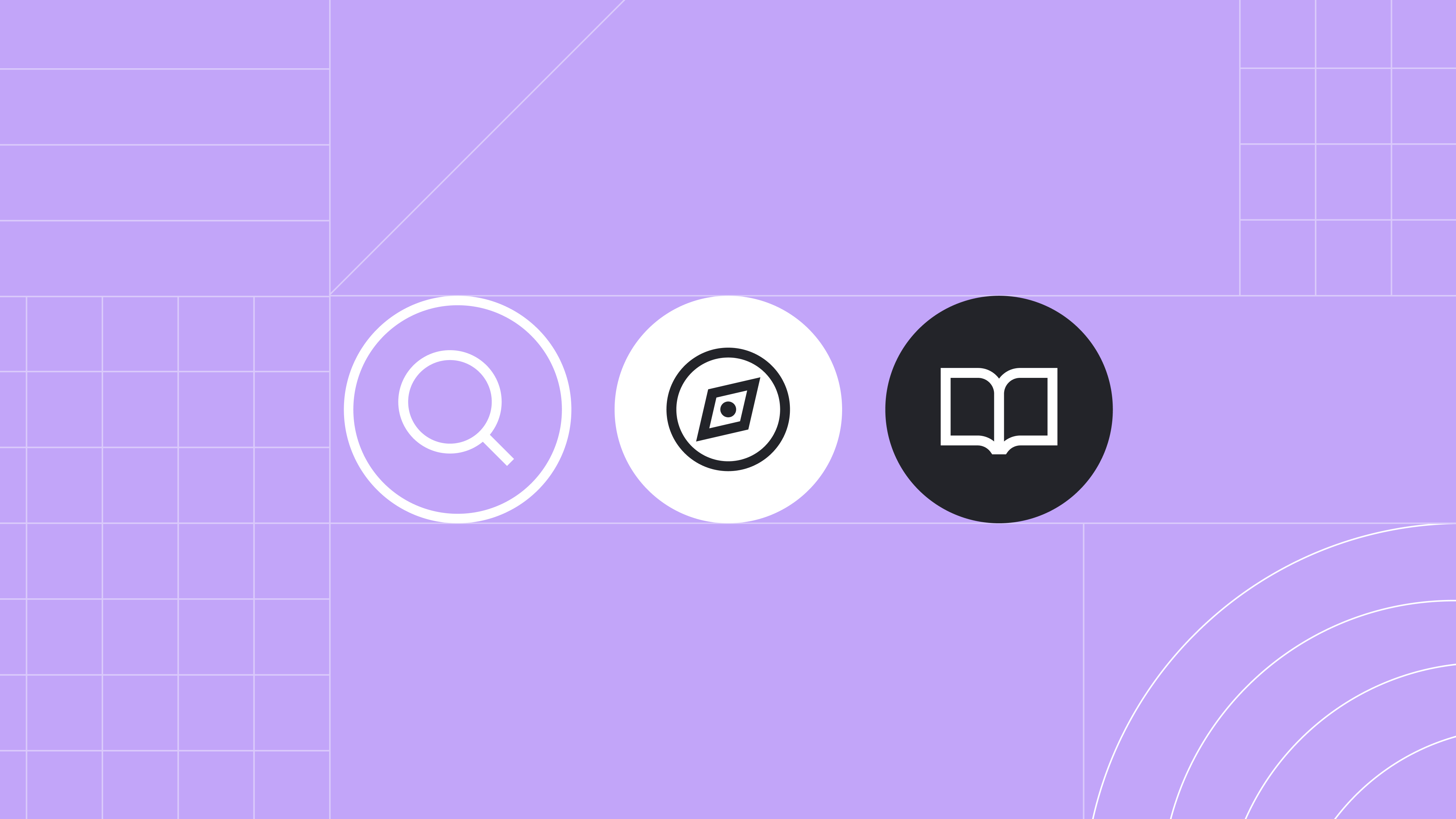 Purple banner with icons of a magnifying glass, compass, and book. 