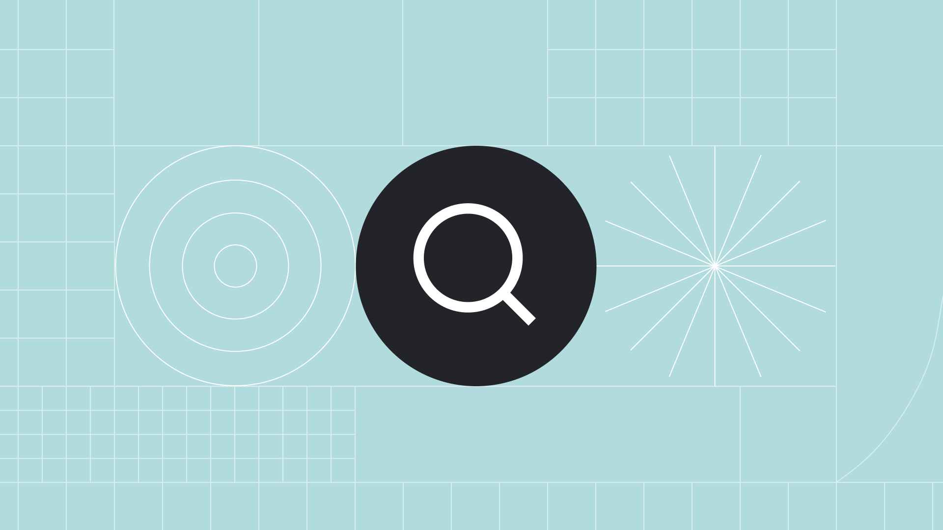 Teal background with search icon