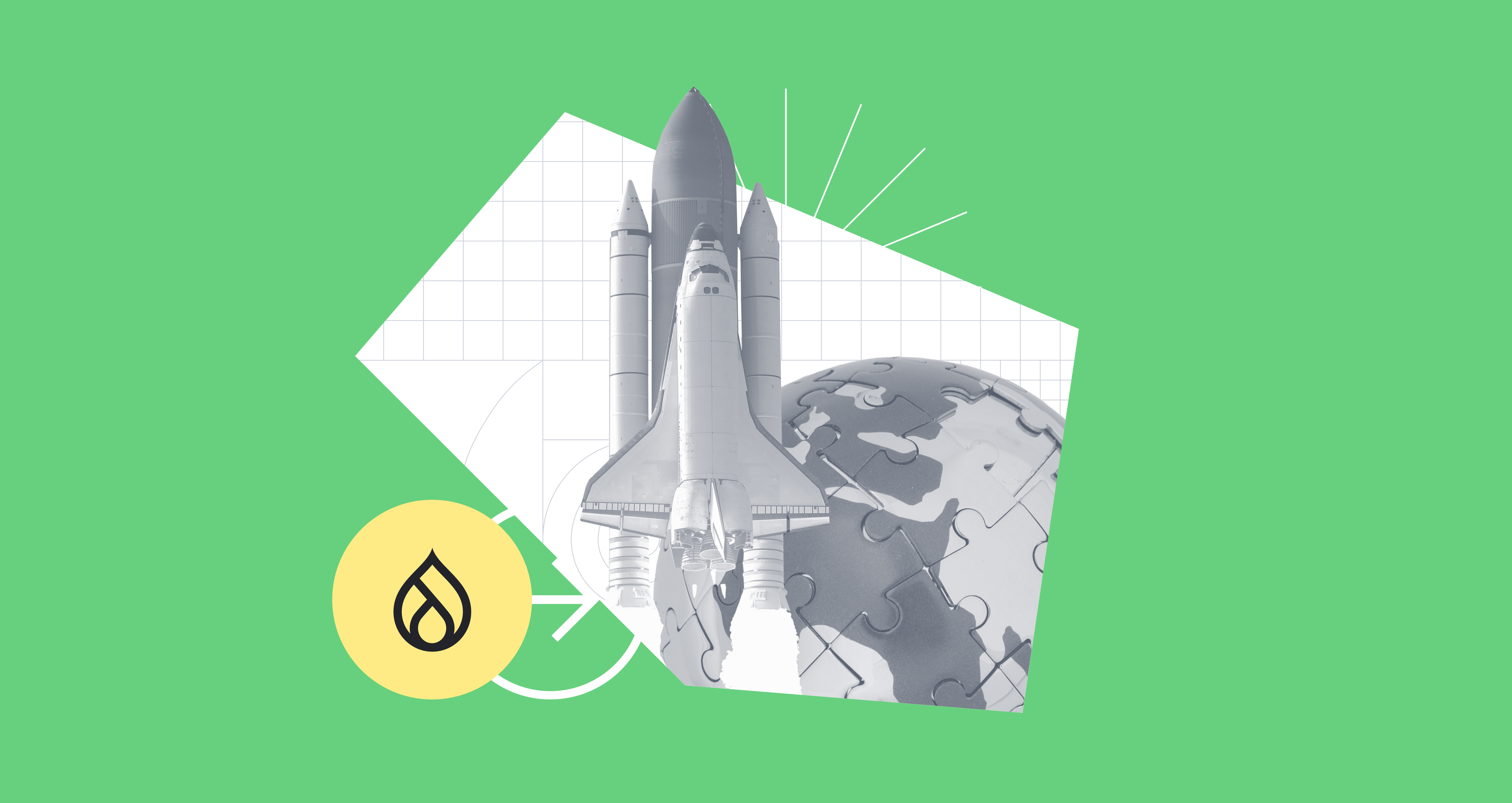 A rocket ship on a green background with the Drupal logo