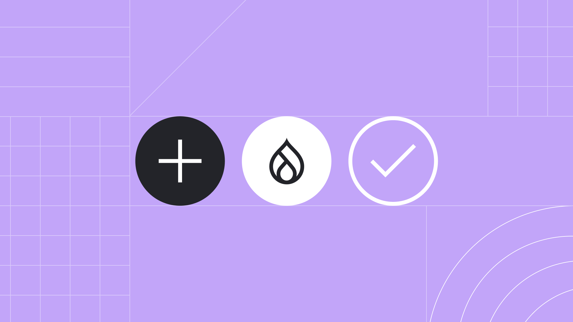 an arrow, the Drupal drop,  and a checkmark on a purple background