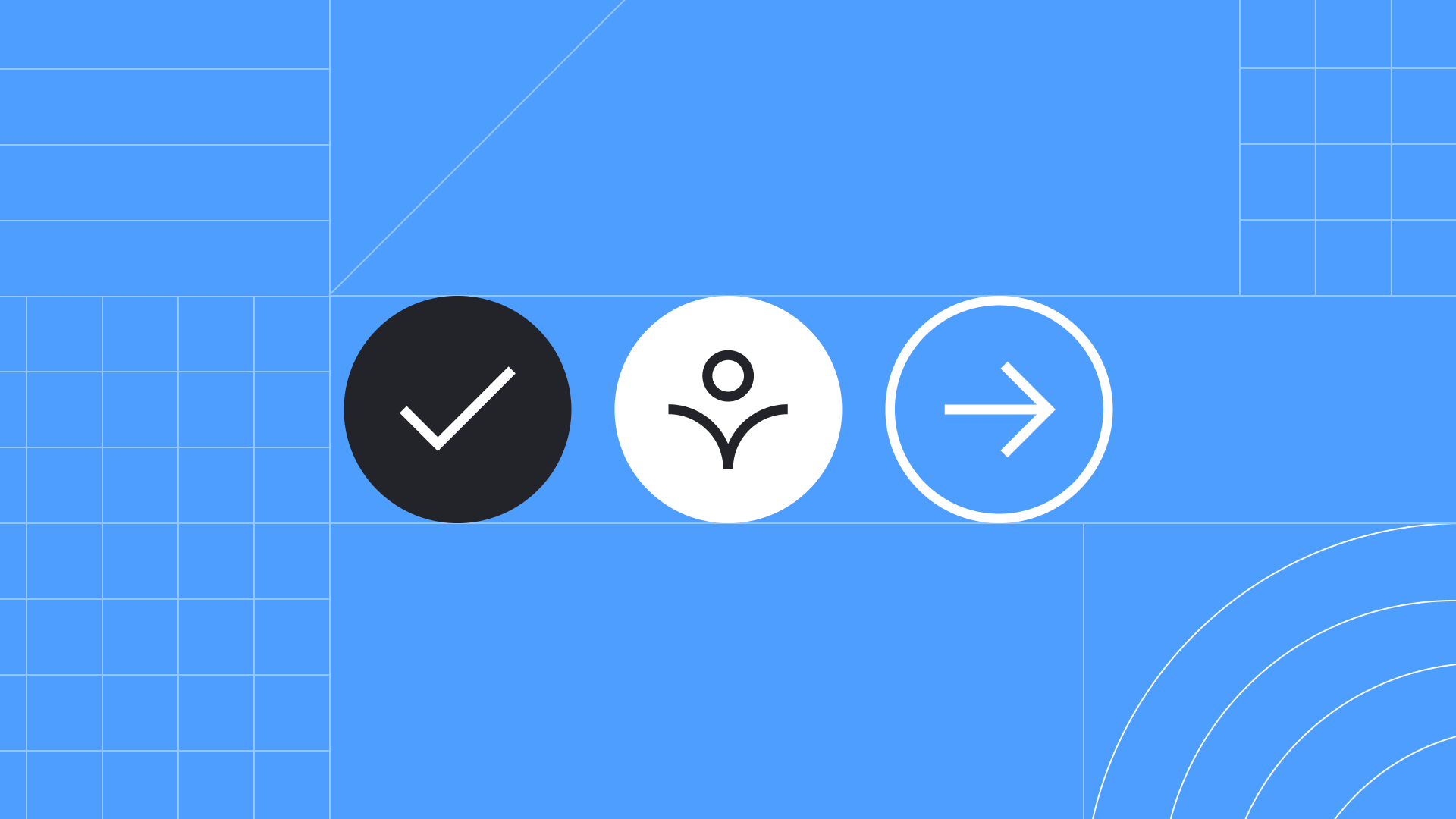 Blue banner with icons of a tick, person, and arrow.