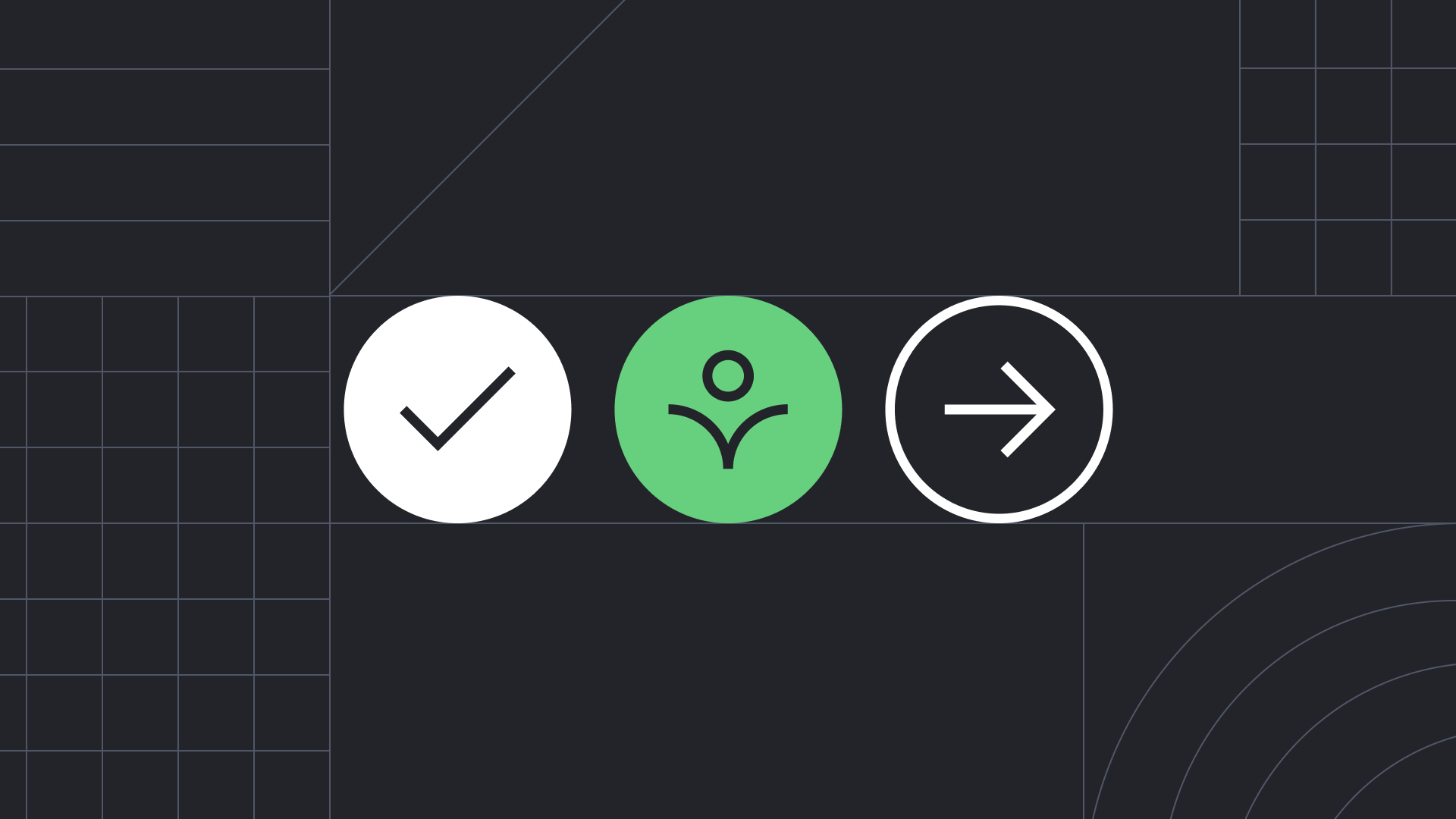 Three icons, a check mark, the accessibility icon and an arrow, on a black background