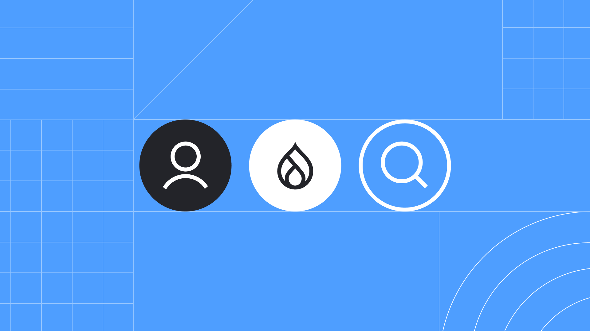 a person icon, a Drupal drop icon and a search icon on a blue background