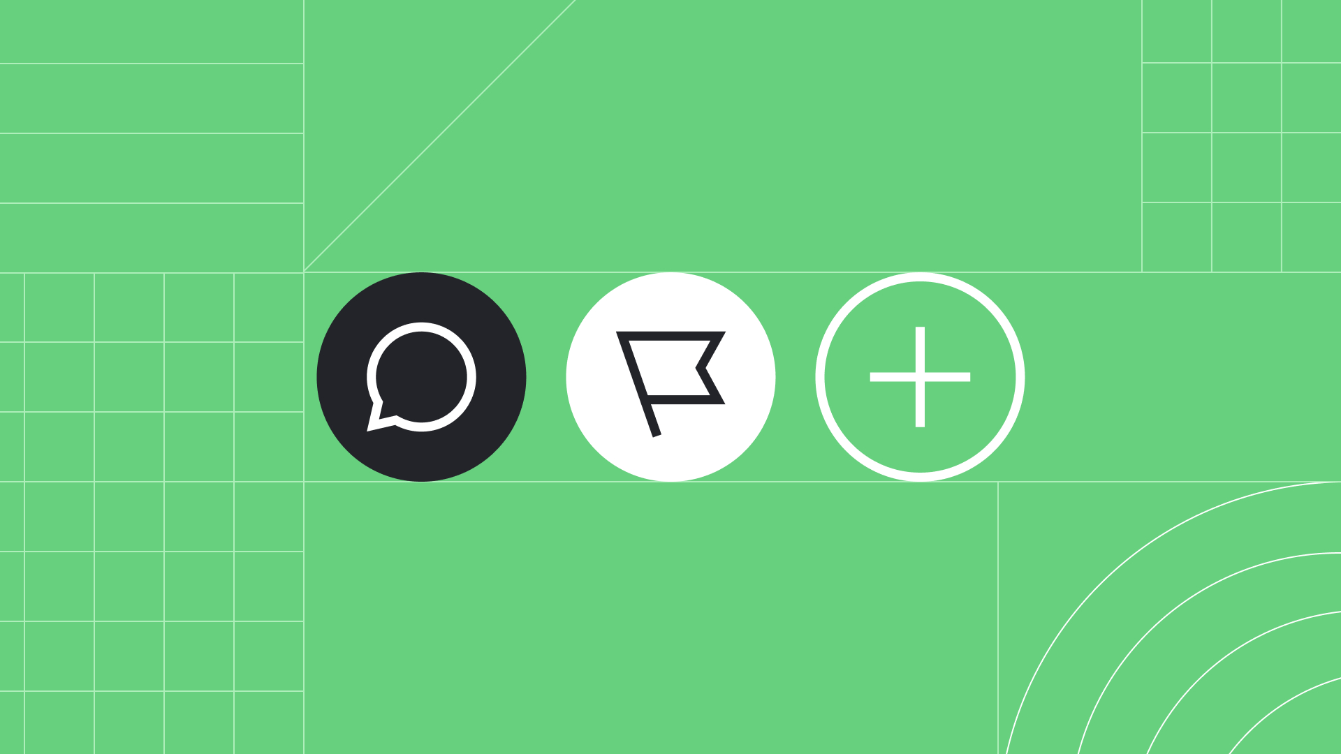 A chat icon, a flag icon and a plus on a green grid background