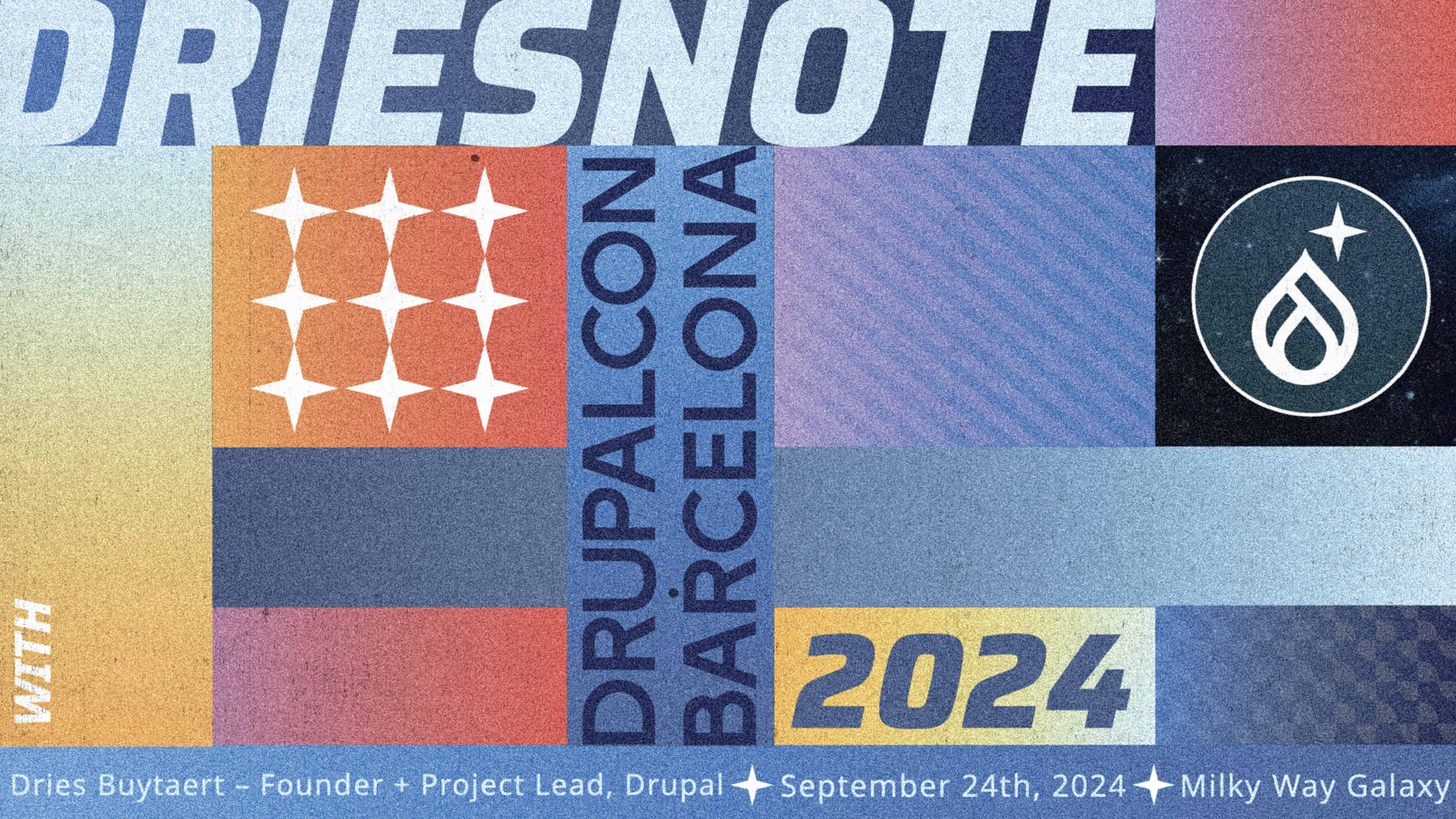 The title slide for the DriesNote in Barcelona, featuring bold 1960s colour and patterns and the text DriesNote 2024