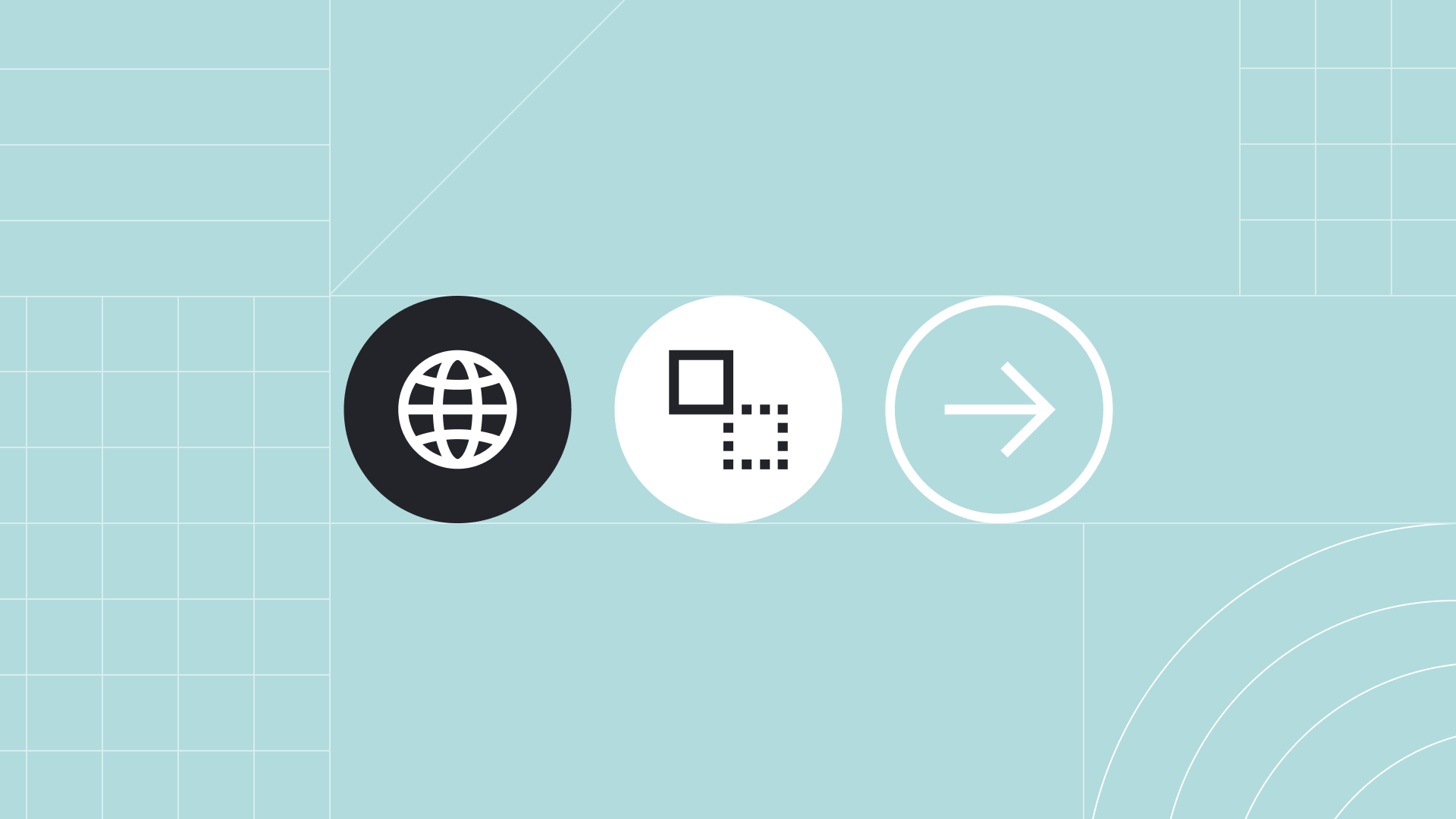 a web icon, prototype icon and arrow icon on a blue grid