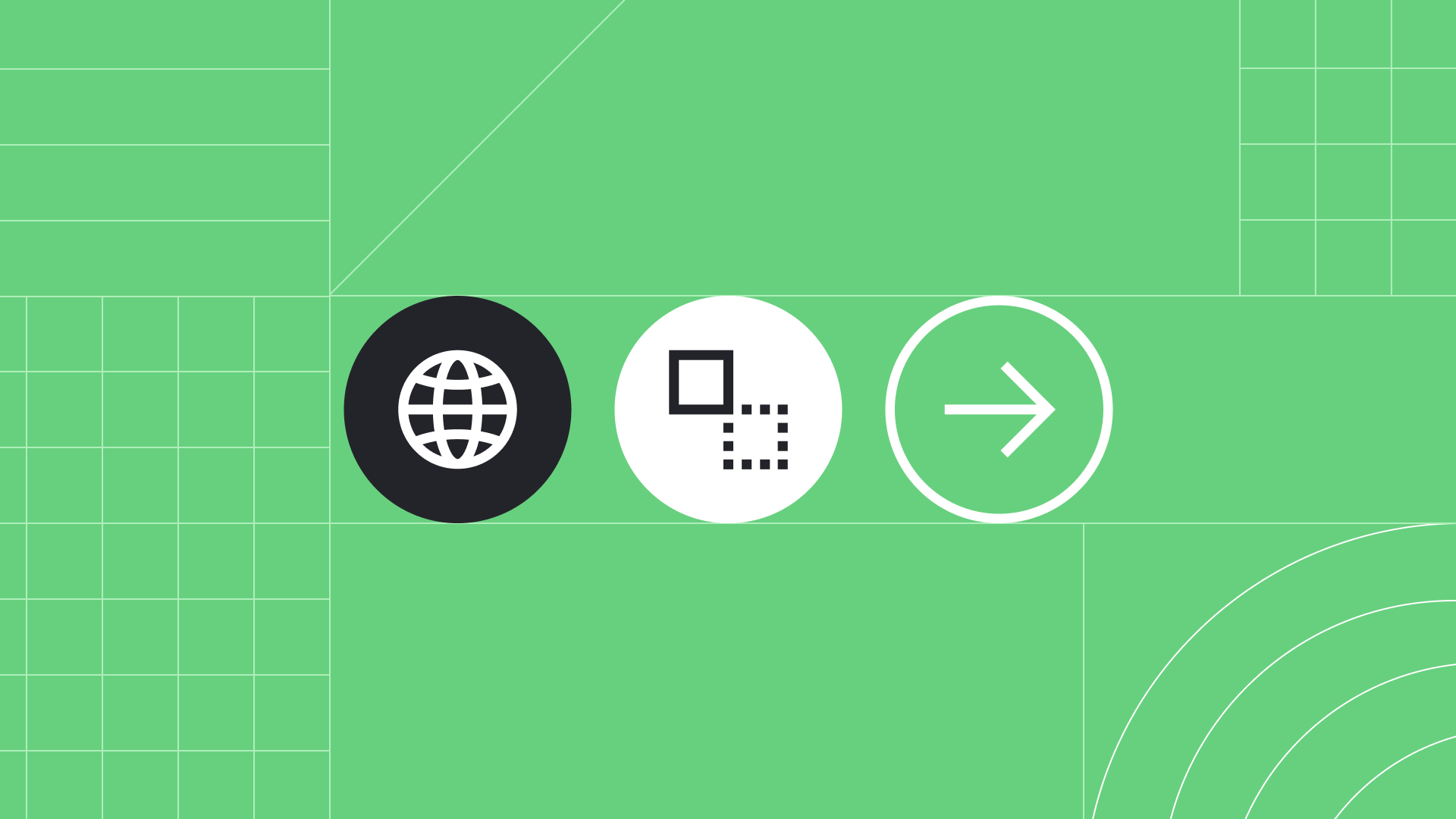 A web icon, prototype icon and arrow icon on a green grid background