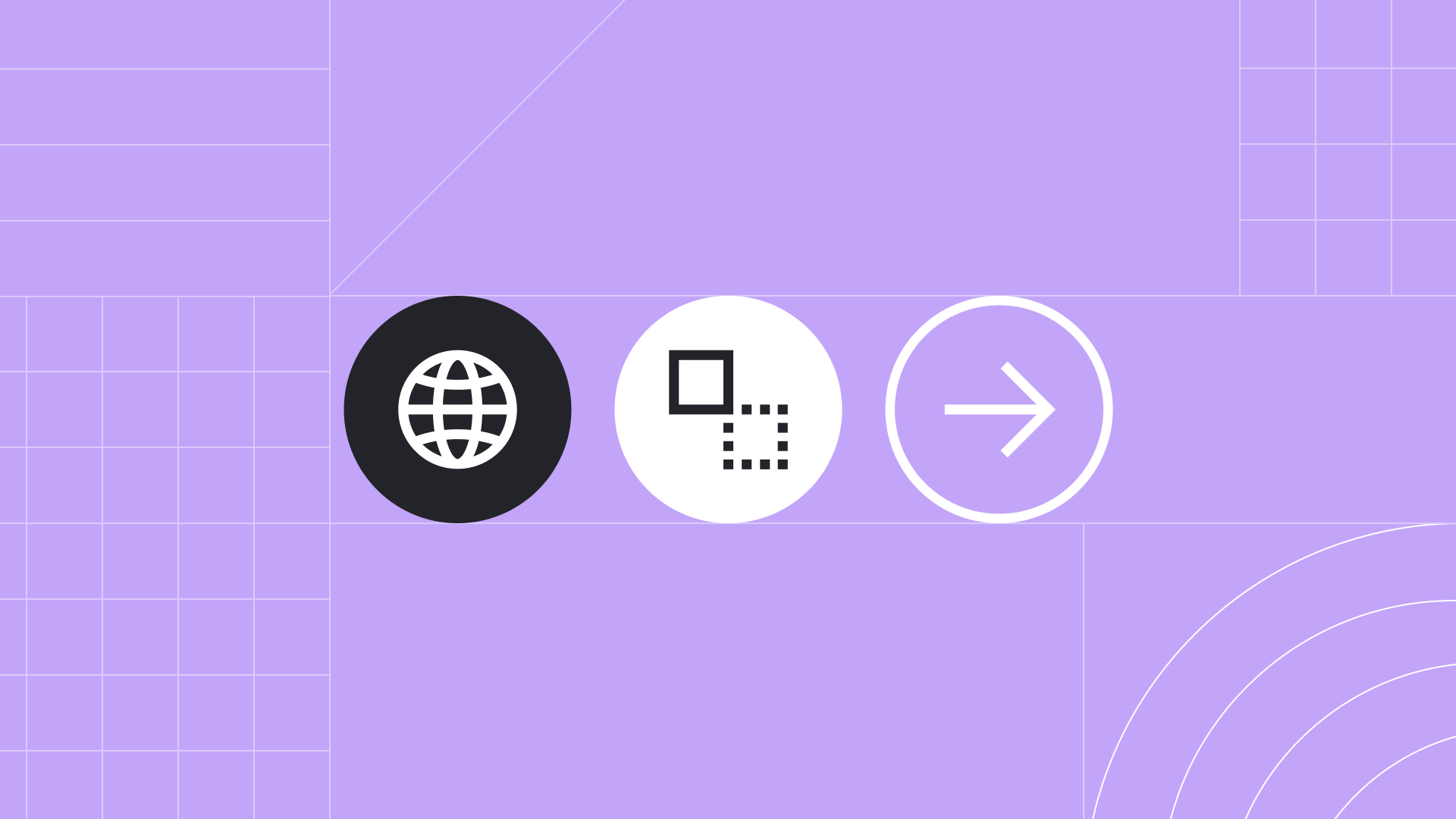 A web icon, prototype icon and arrow icon on a purple background