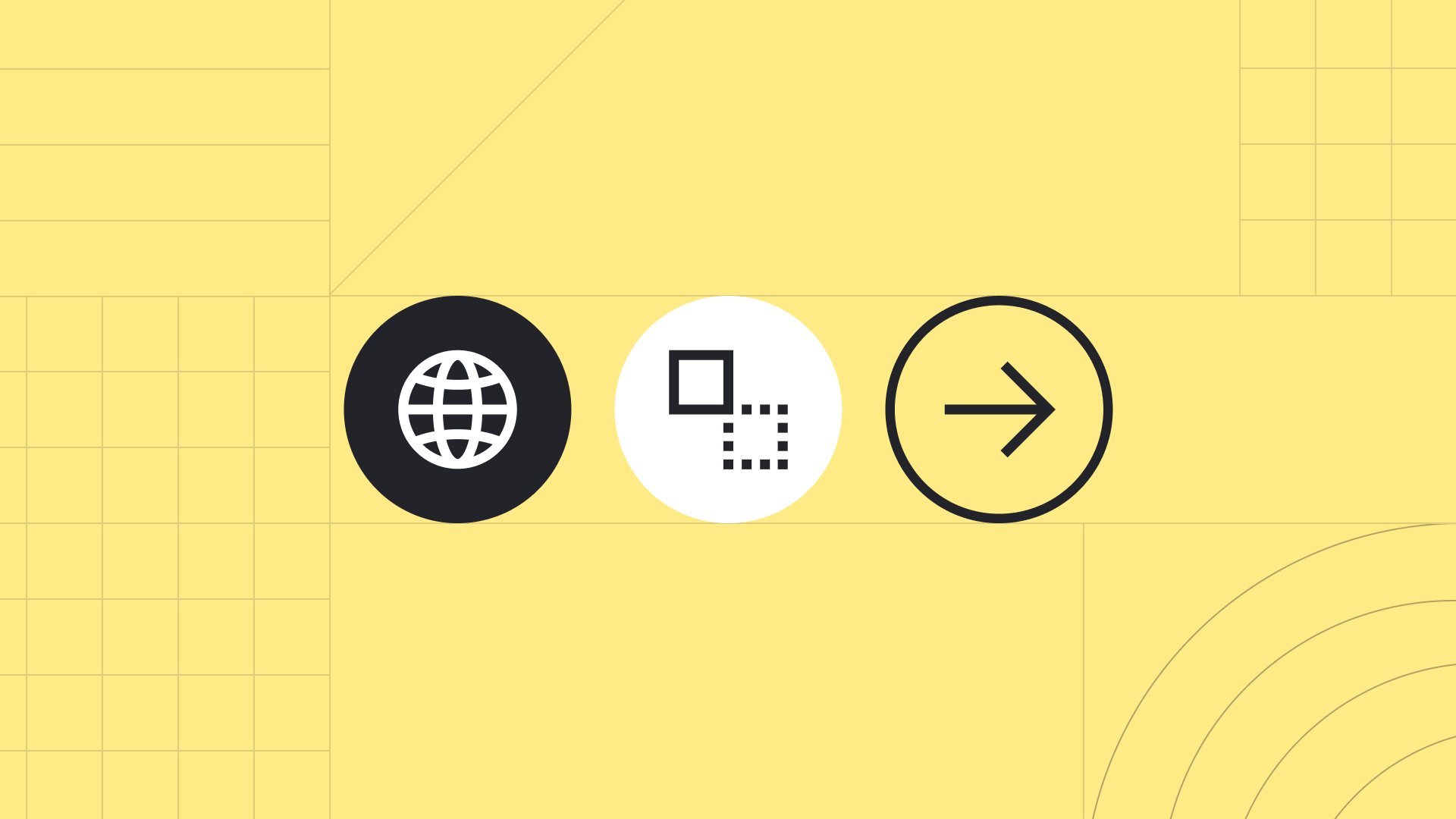 A web icon, a prototype icon and an arrow icon on a yellow grid background