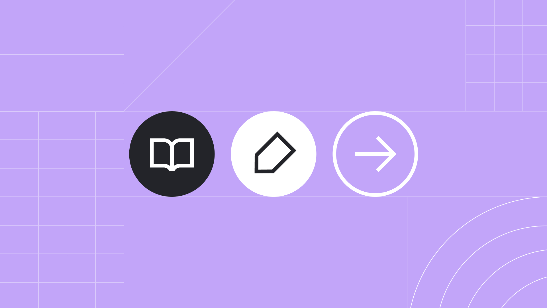 Book, plus sign and arrow icons on a purple grid background