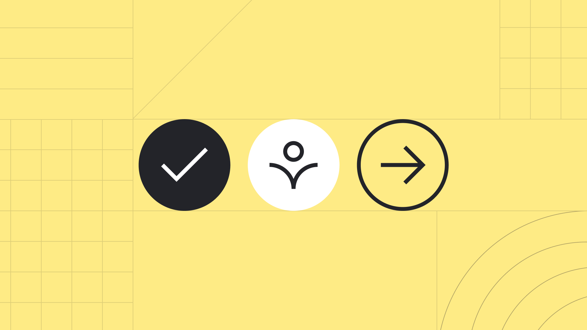 A checkmark, the accessibility icon and an iron on a yellow background