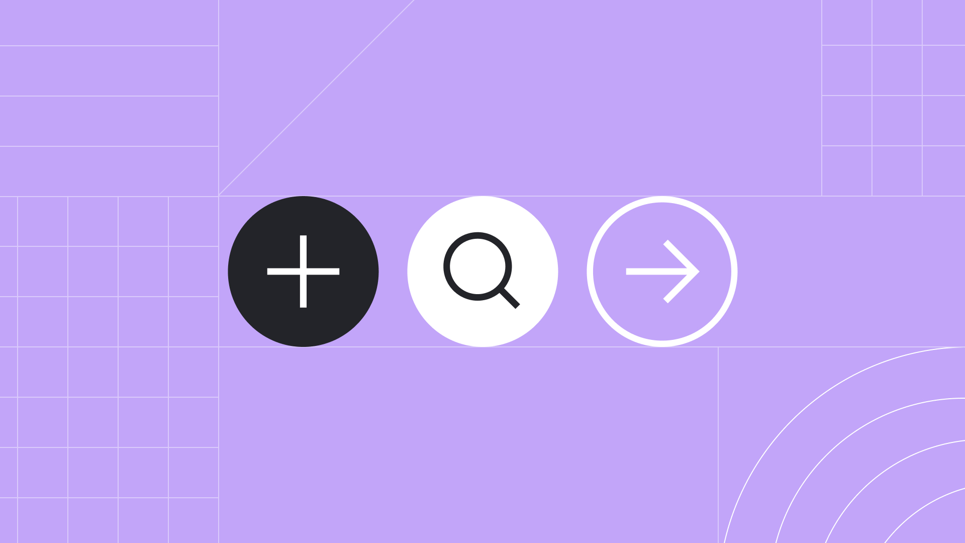 Three circles, each with a symbol (plus, search icon, arrow right) in a line on a purple background
