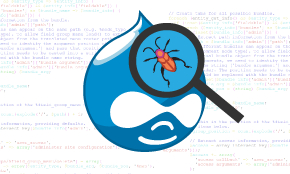 Drupal logo under a magnifying glass