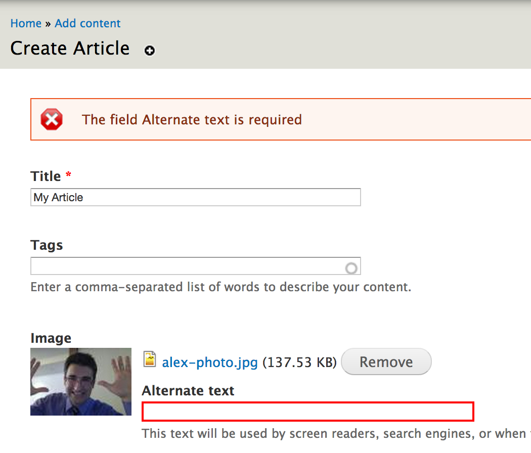 Required alt text for a Drupal image field