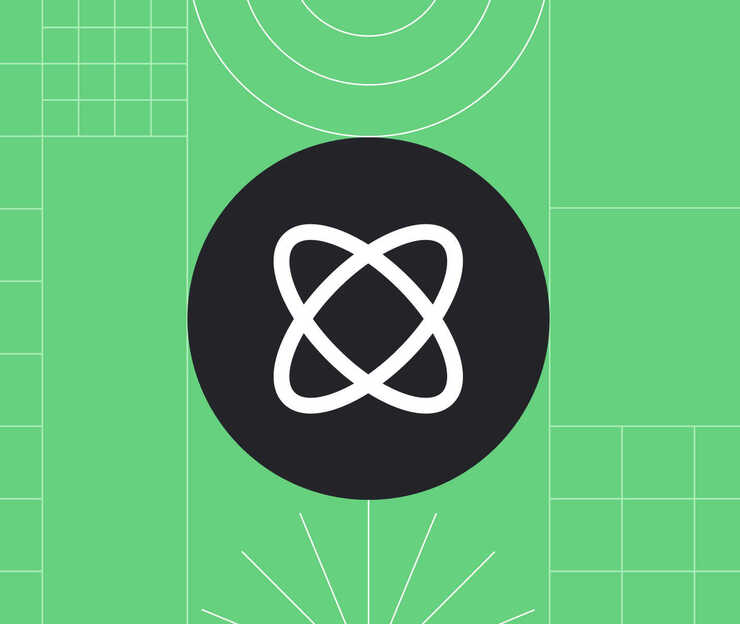 An atom icon on a green grid background