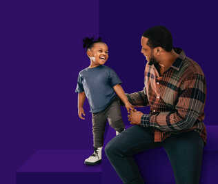 A banner for the Beneva project in brand color with a photo of a man and child laughing together on the right.