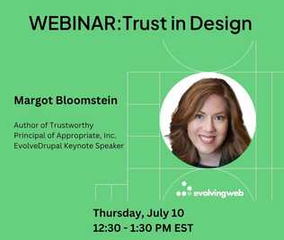 A promo flyer for the Trust in Design webinar, featuring Margot, the presenter