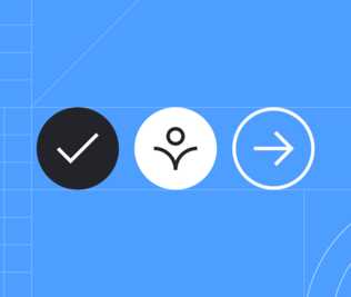 a check mark icon, accessibility icon and arrow icon on a blue grid