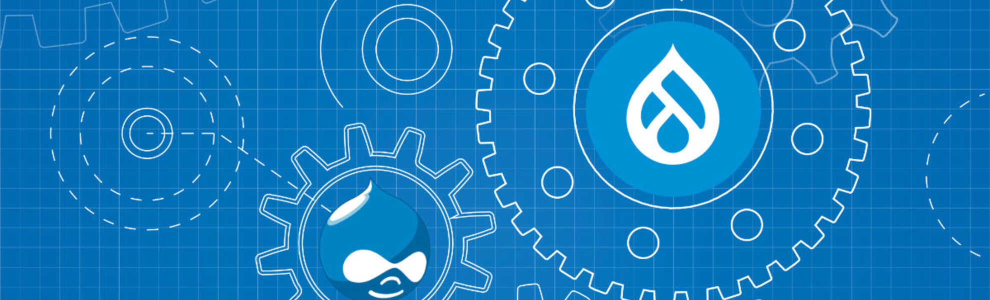 an image of a blueprint with gears and the logos of Drupal 7 and Drupal 9