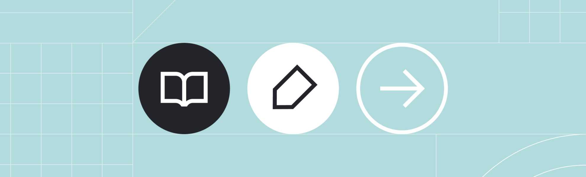 A book icon, a pencil icon and an arrow icon on a teal background