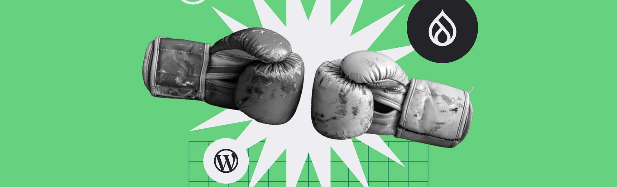 Boxing gloves face off on a green background