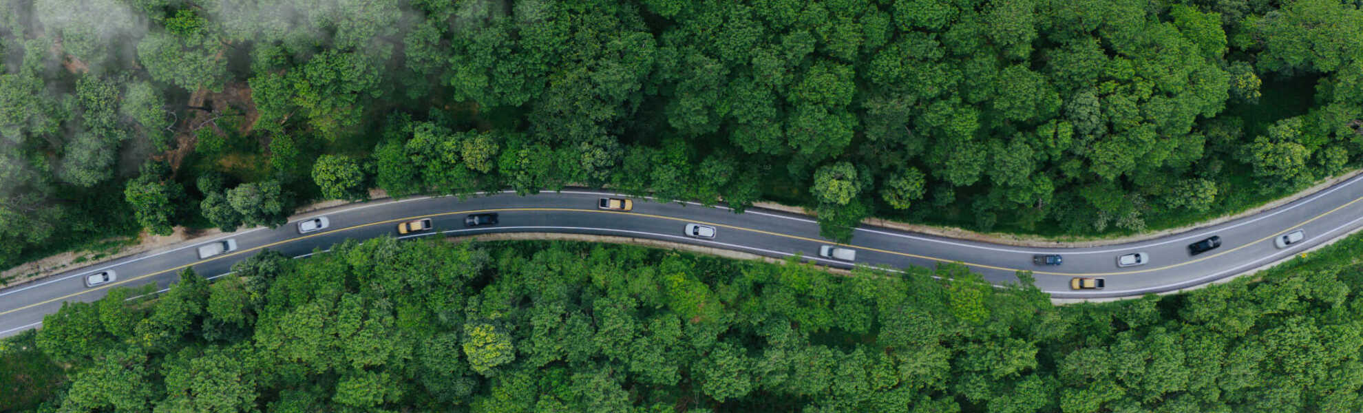 A birds-eye-view image of a road crossing a forest seen through some clouds.