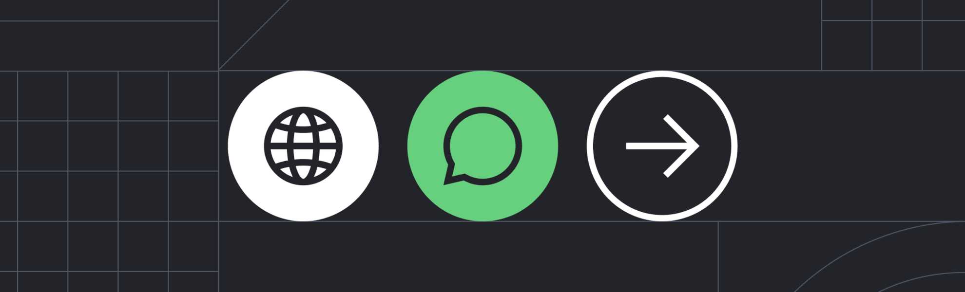 Une icône web, une icône de chat et une icône de flèche sur fond noir