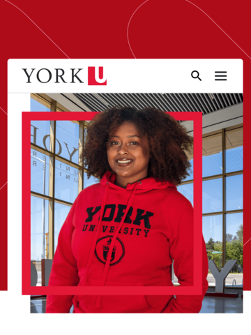 A smiling woman in a red York University hoodie standing in a red frame.