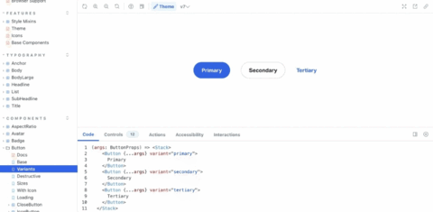 A moving screenshot shows design options for buttons in a component library. There are separate tabs for the code, controls, actions, accessibility, and interactions relating to the buttons.