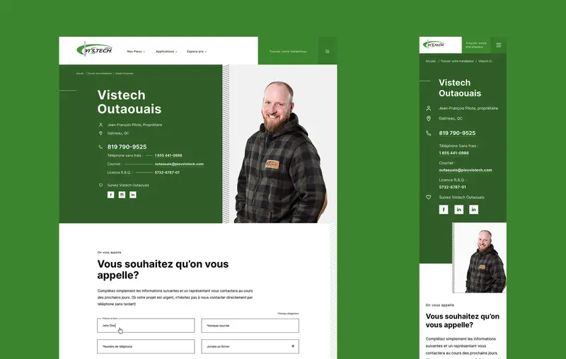 Profil d'installateur sur le site web de Pieux Vistech