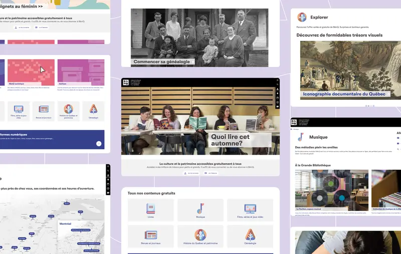 showing nine different pages from the BAnQ website with the BAnQ homepage in the middle, showing smiling people reading books
