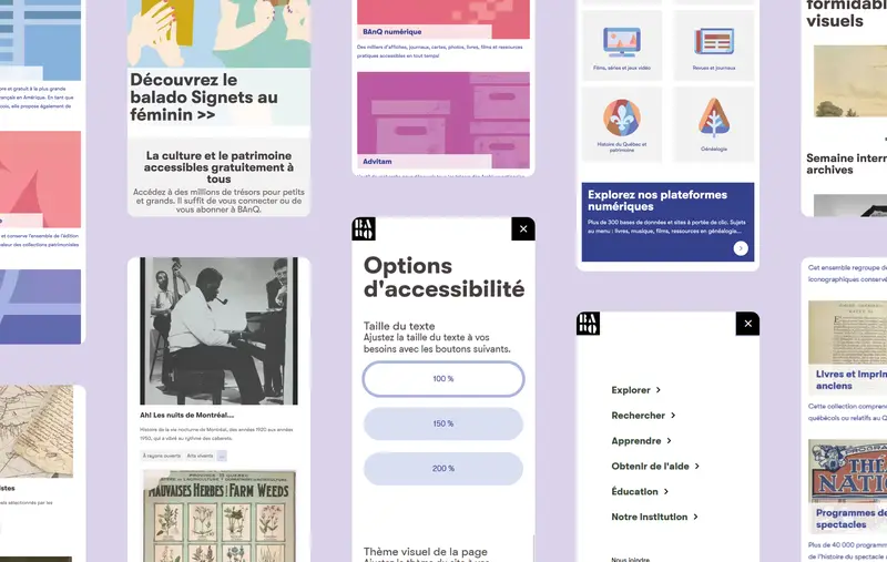showing 10 pages from the BAnQ website as they appear on mobile