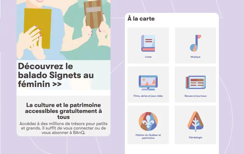 the mobile page showing a book, music note, a tv screen, a newspaper, a fleur de lys and a tree icon 