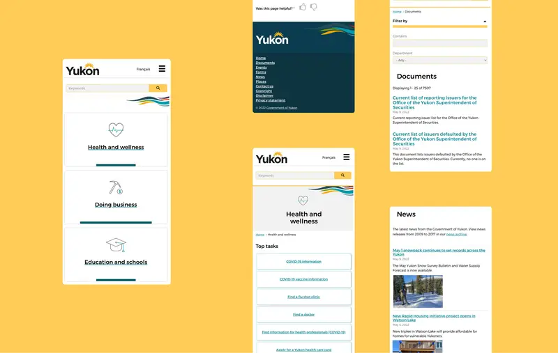 Multiple screenshots of Yukon.ca mobile site