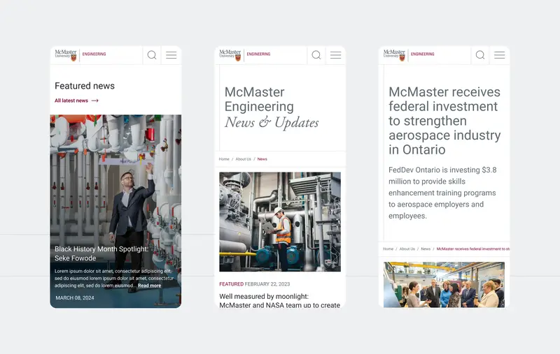 Screenshots of the mobile McMaster engineering website