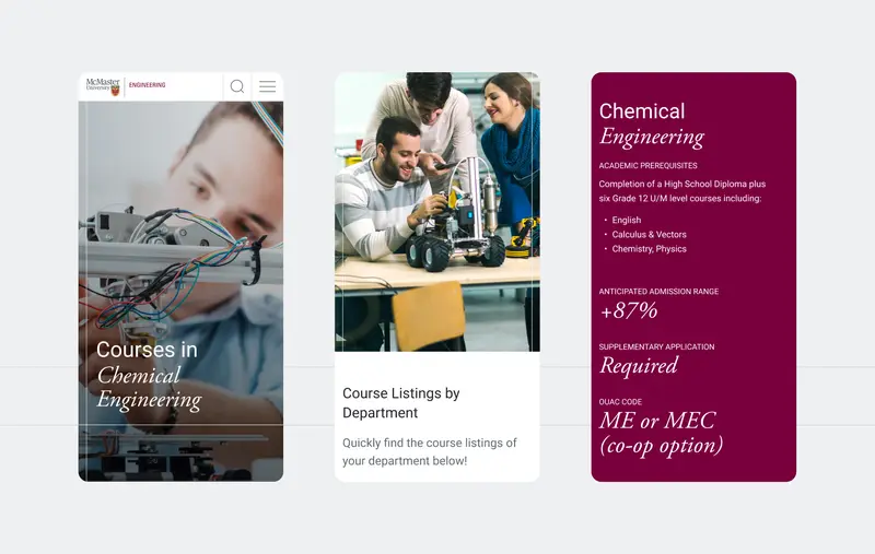 Trois captures d'écran du site web mobile de McMaster Engineering