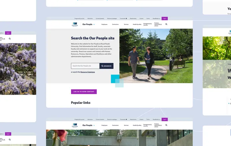 Plusieurs captures d'écran du site web "Our People" de Royal Roads