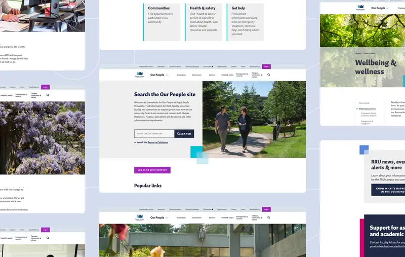 Plusieurs captures d'écran du site web de Royal Roads