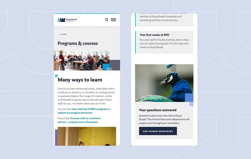 Deux captures d'écran mobiles du site web de Royal Roads