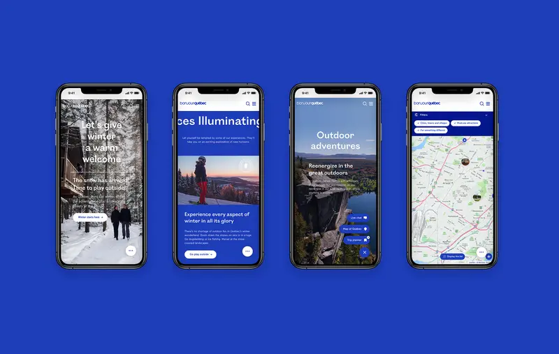 four mobile phones showing the Bonjour Quebec website
