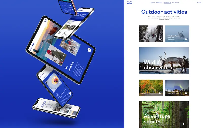 tumbling phones and ipads showing the Bonjour Quebec website