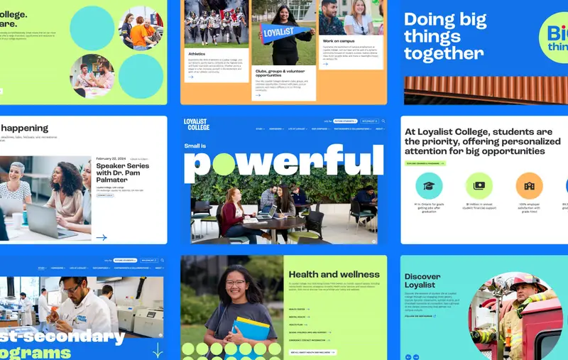 9 captures d'écran de différentes pages du site web des loyalistes, avec au centre l'image et la devise « Small is powerful ».