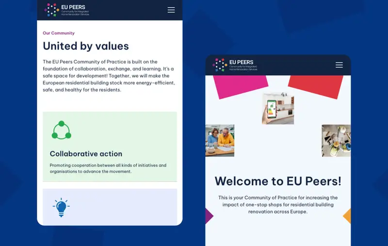 Vitrine des vues rapprochées de la page mobile de EU Peers.