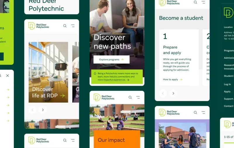 Une collection de vues mobiles du site web de Red Deer Polytechnic.