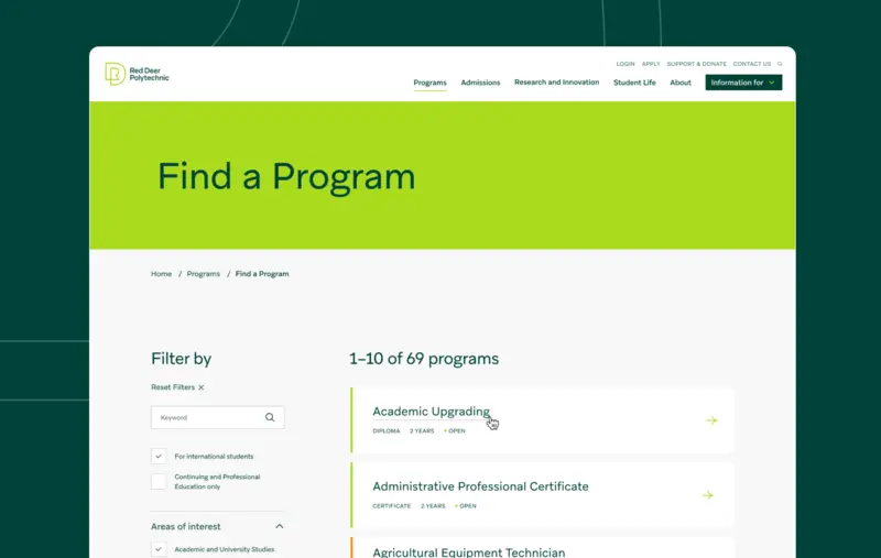 Une fonctionnalité de la recherche de programmes de Red Deer Polytechnic.
