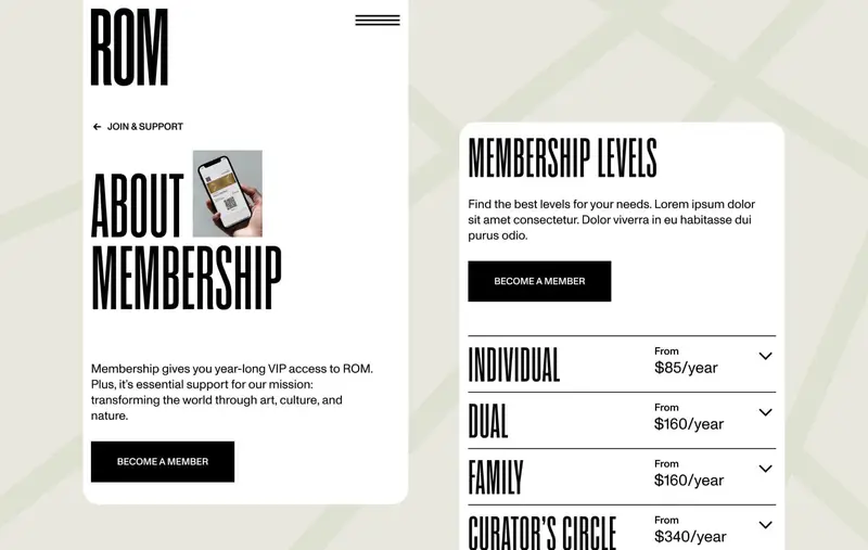 Captures d’écran des pages membres sur le site mobile du Musée royal de l’Ontario