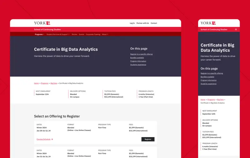 Une vitrine de la page des programmes de York University School of Continuing Studies.