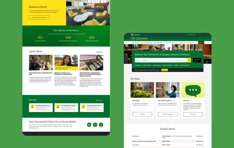 Une vitrine de la structure de contenu des bibliothèques de l'Université de l'Oregon et de la fonctionnalité Événements sur le site
