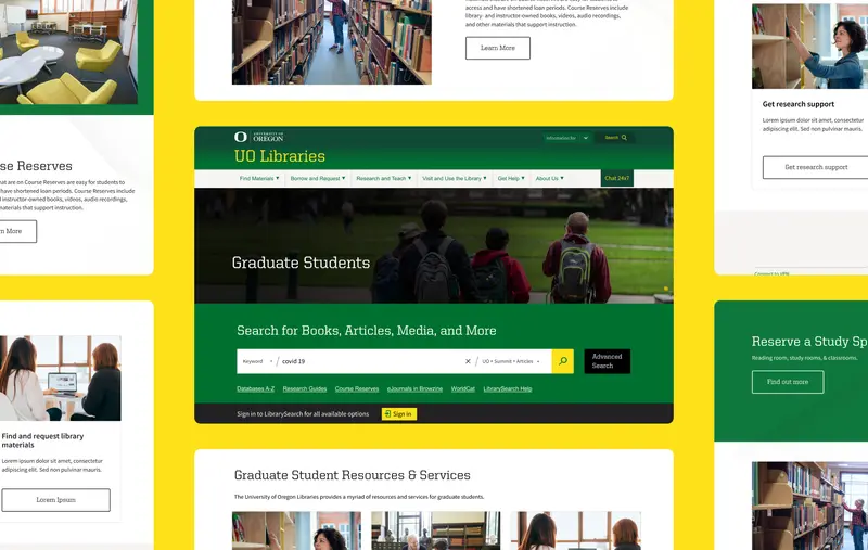 Une collection des pages desktop des bibliothèques de l'Université de l'Oregon et de la fonctionnalité de recherche du catalogue